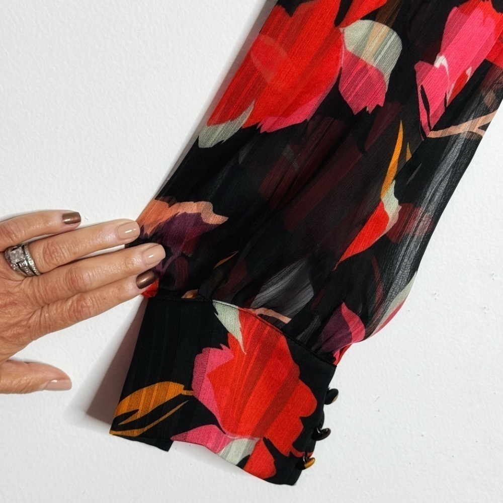 Adelyn Rae Wrap Dress High Low Chiffon Long Sleeve Black Red Print Sheer Sleeve - Picture 10 of 15